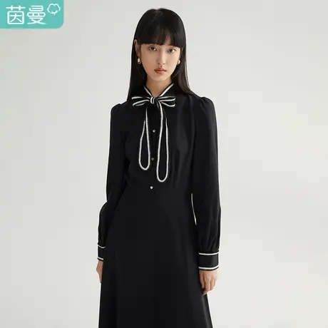 茵曼复古连衣裙女2023年冬季新款通勤高级印花立领收腰显瘦中长裙商品大图