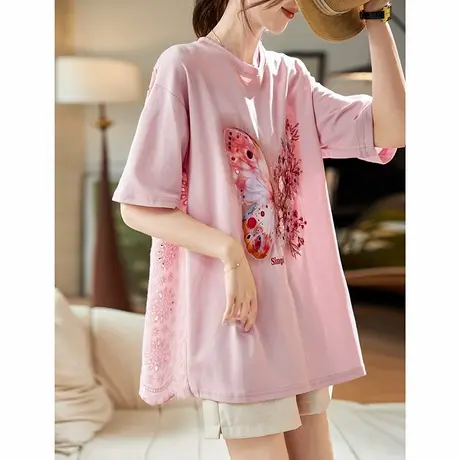 宝诗黎圆领印花镂空短袖T恤2025夏季设计感拼接棉质休闲大码女装图片