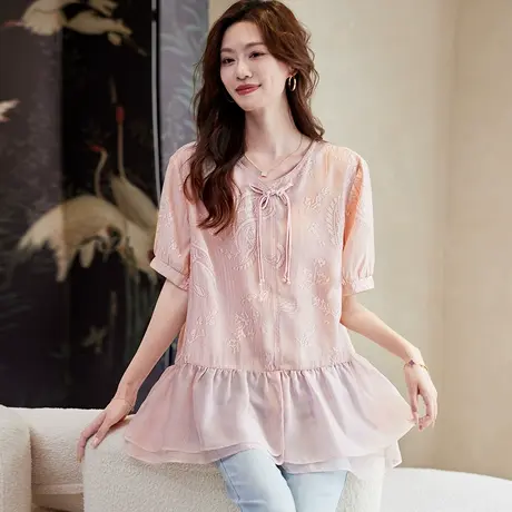 宝诗黎V领印花短袖衬衫女2025夏季气质减龄百搭宽松大码雪纺衬衣图片
