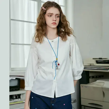 a02个性拼接刺绣法式七分袖上衣小衫2025春季休闲女式衬衫商品大图