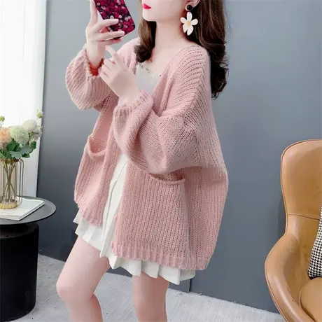 温柔风V领毛衣开衫女春季2025年新款宽松显瘦粗毛线百搭针织外套商品大图