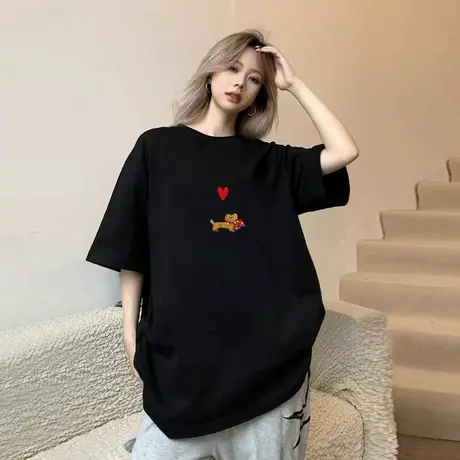 黑色大码短袖t恤女装胖mm印花2025新款宽松版中长款显瘦半袖上衣图片