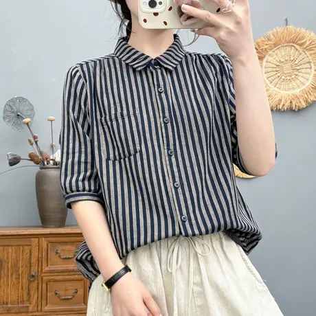 夏季韩版文艺小清新条纹双层棉纱短袖衬衫女宽松休闲五分袖上衣潮图片