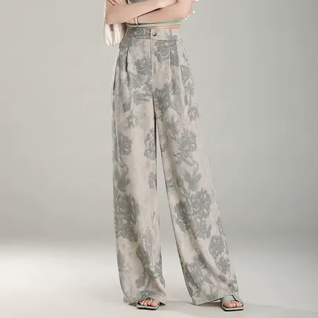 2025夏季新款冰丝印花休闲阔腿裤女高腰显瘦宽松百搭直筒裤子长裤商品大图