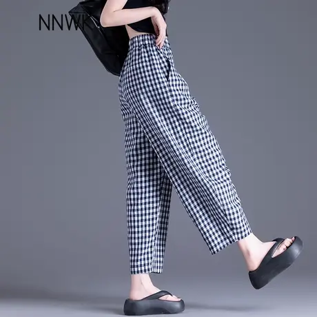 蓝色格子休闲裤女2025新款夏季薄款松紧腰裤子天丝亚麻九分镰刀裤商品大图