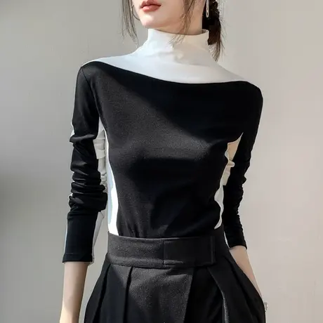 半高领撞色拼接长袖T恤女2025秋季新款修身显瘦设计感小众打底衫图片