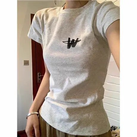 港味复古女装2024新款修身正肩短袖t恤ins小众夏季慵懒风辣妹上衣商品大图