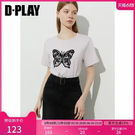 DPLAY2025年夏季新款紫色t恤女圆领上衣独特时髦蝴蝶短袖打底衫图片