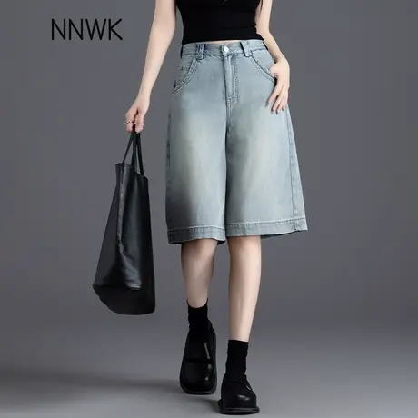 复古水洗牛仔短裤女2025新款夏季薄款五分裤天丝垂感阔腿直筒中裤图片