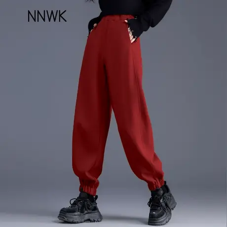 安可拉红色休闲裤女2024秋冬新款加厚加绒宽松显瘦束脚卫裤哈伦裤商品大图