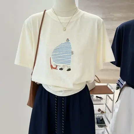 夏季新款韩系卡通小人宽松显瘦薄款雪花棉短袖打底衫T恤女上衣商品大图