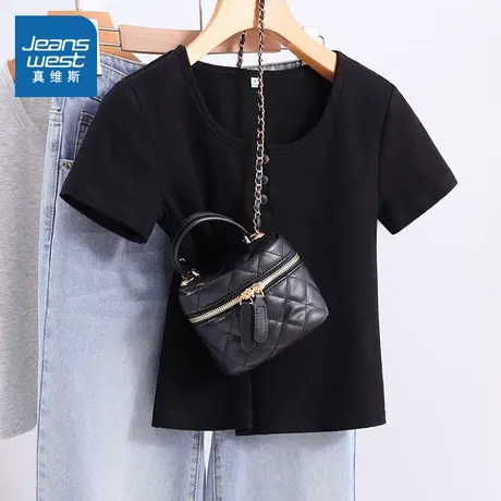 KMV真维斯u领开扣短袖t恤女夏季新款修身显瘦正肩短款设计感上衣商品大图