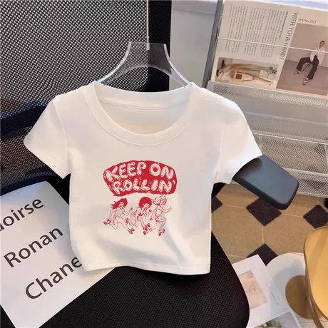 圆领白色短袖t恤女2025年新款夏日多巴胺穿搭别致短款修身小衫潮图片