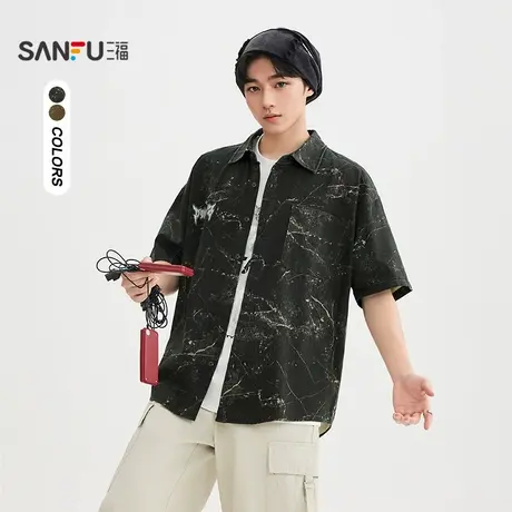 三福2025秋季男士蜡染字母图案短衬衫 休闲翻领落肩上衣505294商品大图