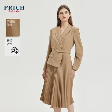 PRICH2023秋冬新品设计感层次拼接收腰修身通勤西装百褶连衣裙女商品大图