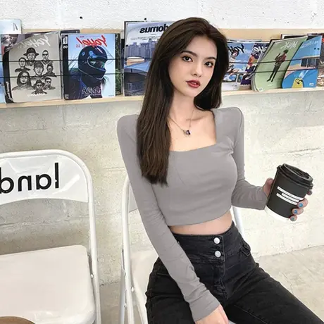 方领上衣女秋季秋冬洋气锁骨辣妹短款内搭打底衫高腰露脐长袖T恤图片