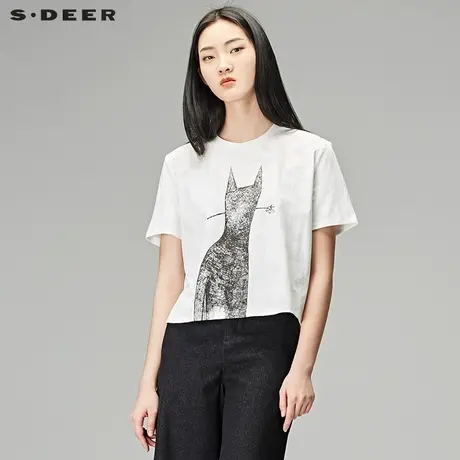 sdeer圣迪奥2018秋装俏皮动物印花套头圆领短袖T恤女装S18180214图片