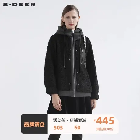 sdeer圣迪奥女装连帽字母织带仿羊羔绒拼接短款外套S21482214图片