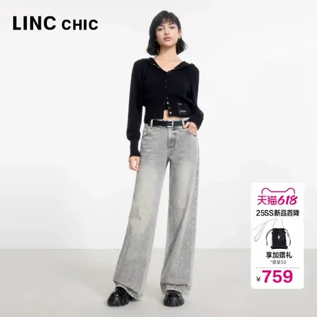 LINCCHIC金羽杰牛仔裤女2025新款裤子宽松直筒闪钻牛仔裤女JE002Y图片