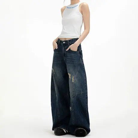 美式复古水洗破洞高腰弯刀阔腿牛仔裤女2025夏季新款宽松休闲长裤图片