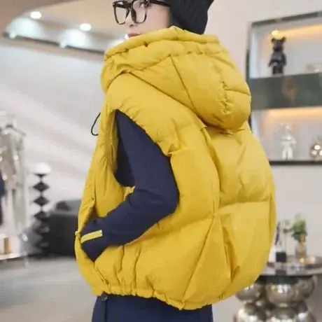 2025欧美风羽绒棉马甲女短款小个子连帽宽松泡芙背心马夹坎肩外套商品大图