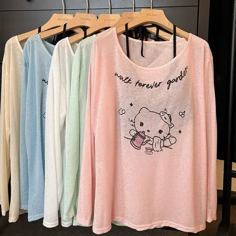 2025网纱防晒衣罩衫胖mm长袖t恤女2025夏季新薄款一字领宽松上衣图片