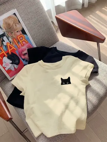 夏日多巴胺纯棉正肩短袖T恤女复古猫咪印花设计感修身显瘦短上衣商品大图