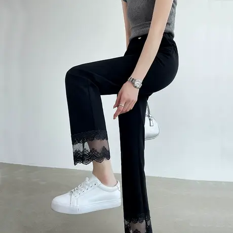 九分黑色蕾丝花边拼接小直筒西装裤女春夏八分小个子休闲烟管裤子商品大图