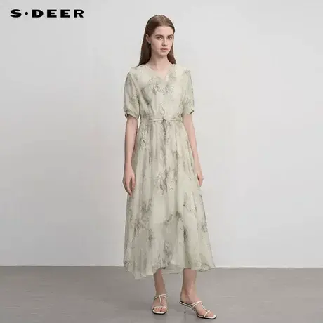 sdeer圣迪奥女装田园风V领撞色绣花短袖连衣裙S242Z12T5商品大图