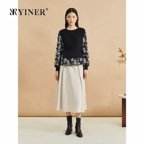 YINER音儿专选法式春日印花荷叶边拼接假两件针织衫套头轻上衣商品大图