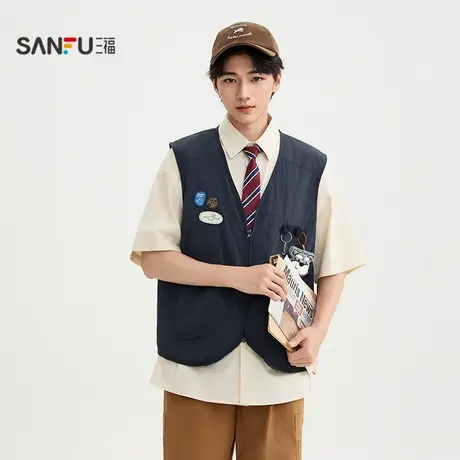 三福2025秋季男士挂件点缀马甲 肌理皱感宽松无领外套506209商品大图