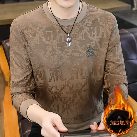 2025秋季新款圆领卫衣男士加绒加厚时尚休闲长袖T恤打底衫上衣服图片