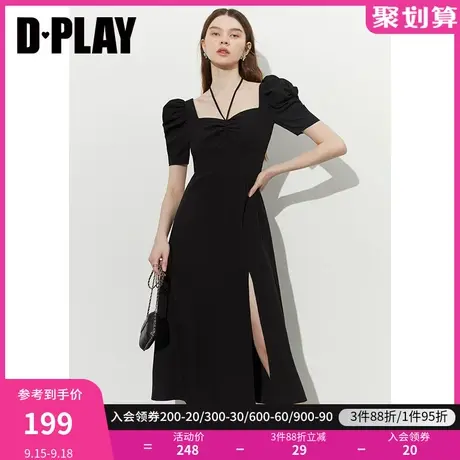 DPLAY2023夏新经典黑赫本宫廷风立体抽褶羊腿袖高腰开衩连衣裙商品大图