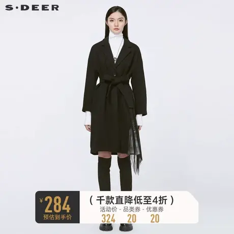 sdeer圣迪奥冬季平驳领收腰网纱印花拼接毛呢大衣女S20481824🗜商品大图