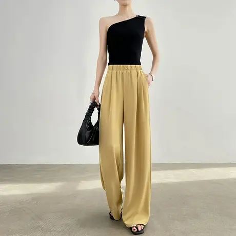 黄色休闲阔腿裤女夏季薄款高腰宽松显瘦垂感直筒休闲冰丝拖地裤子商品大图