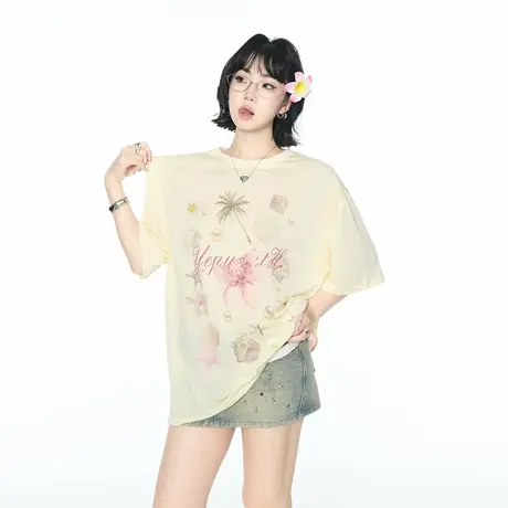 轻薄圆领ins度假风贝壳印花短袖T恤女2025夏季新款薄款凉感上衣潮图片