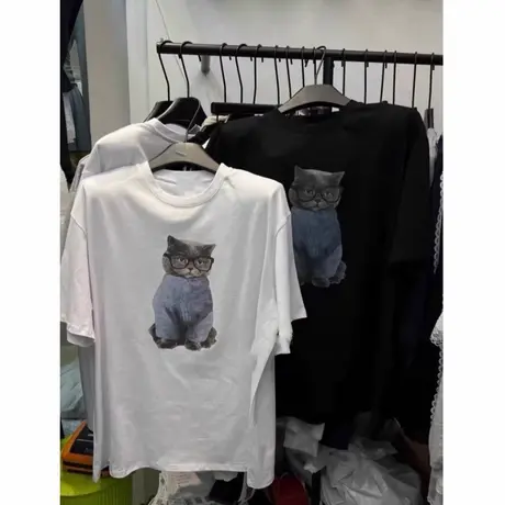 2025年新款夏季休闲趣味设计感卡通猫咪印花宽松圆领短袖t恤上衣图片