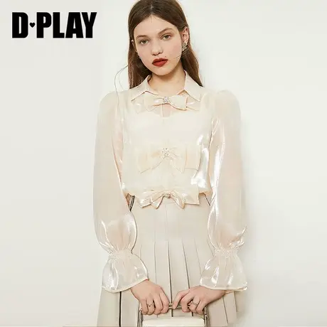 DPLAY德帕拉秋装年新款杏色光泽感蝴蝶结别致洋气衬衫商品大图