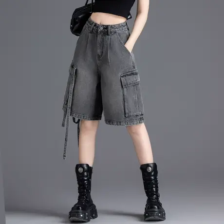 美式大口袋工装牛仔短裤女2025新款夏季黑色高腰复古五分阔腿中裤商品大图