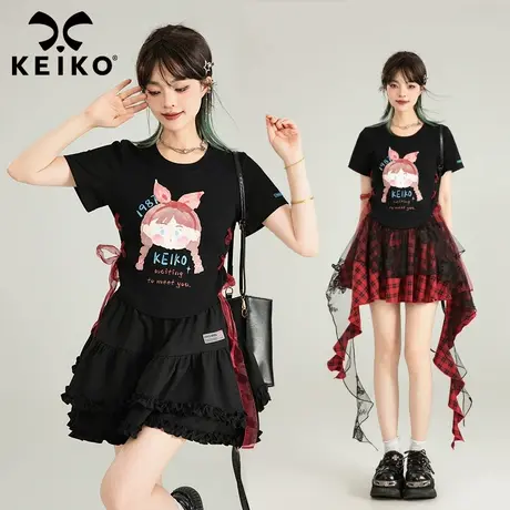 KEIKO 可爱卡通印花正肩短袖t恤女夏季美式绑带收腰显瘦短款上衣图片