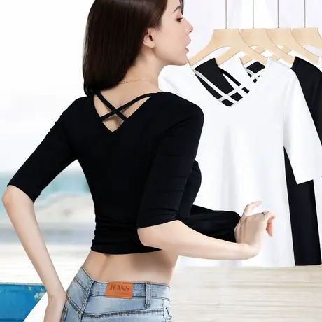 黑色v领短袖t恤女秋季新款弹力棉半袖体恤露背交叉带修身打底上衣商品大图