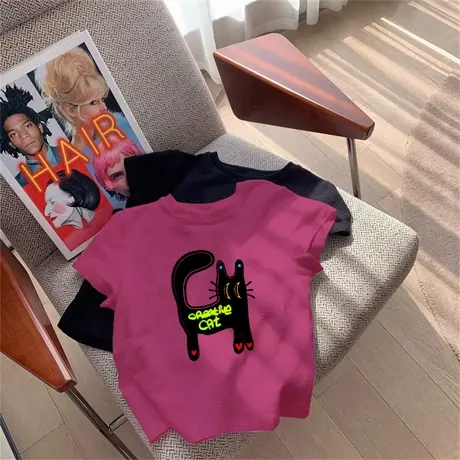 玫粉色正肩短袖t恤女2025新款夏季小众潮牌卡通减龄美式修身上衣商品大图