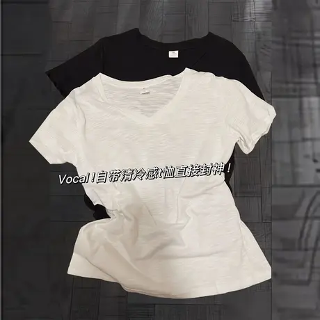 2025夏季新款竹节棉短袖T恤女修身韩版内搭打底衫V领正肩甜辣上衣图片