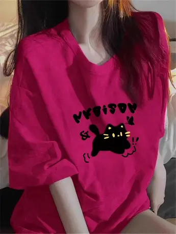 韩系纯棉t恤女甜酷风大码chic复古印花上衣夏ins潮高级感玫红短袖商品大图