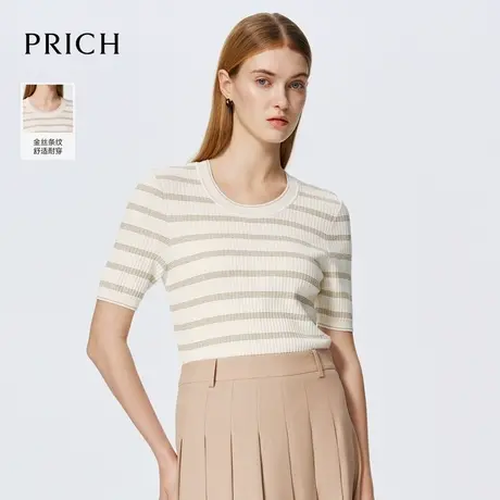 【超能小太阳】PRICH莫代尔宽松清爽蓬松针织条纹短袖柔软上衣女商品大图