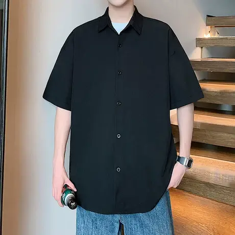 冰丝短袖衬衫男夏季2025新款休闲宽松翻领寸衫港风大码美式衬衣服商品大图