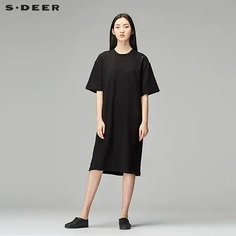 sdeer圣迪奥秋装圆领破洞中袖及膝长款连衣裙T恤女S18180208图片