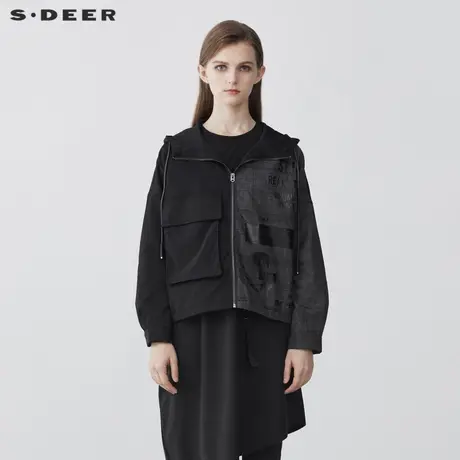 sdeer圣迪奥女装春秋装抽绳连帽撞色字母拼接短款外套S21362222图片