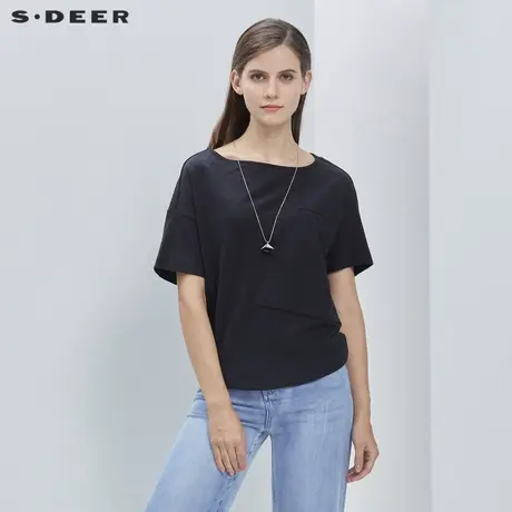 sdeer圣迪奥夏季简约圆领不规则裁剪拼接基础款短袖T恤S19280106图片
