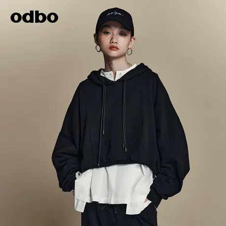 odbo/欧迪比欧原创设计感小众黑色连帽卫衣女新款宽松上衣商品大图